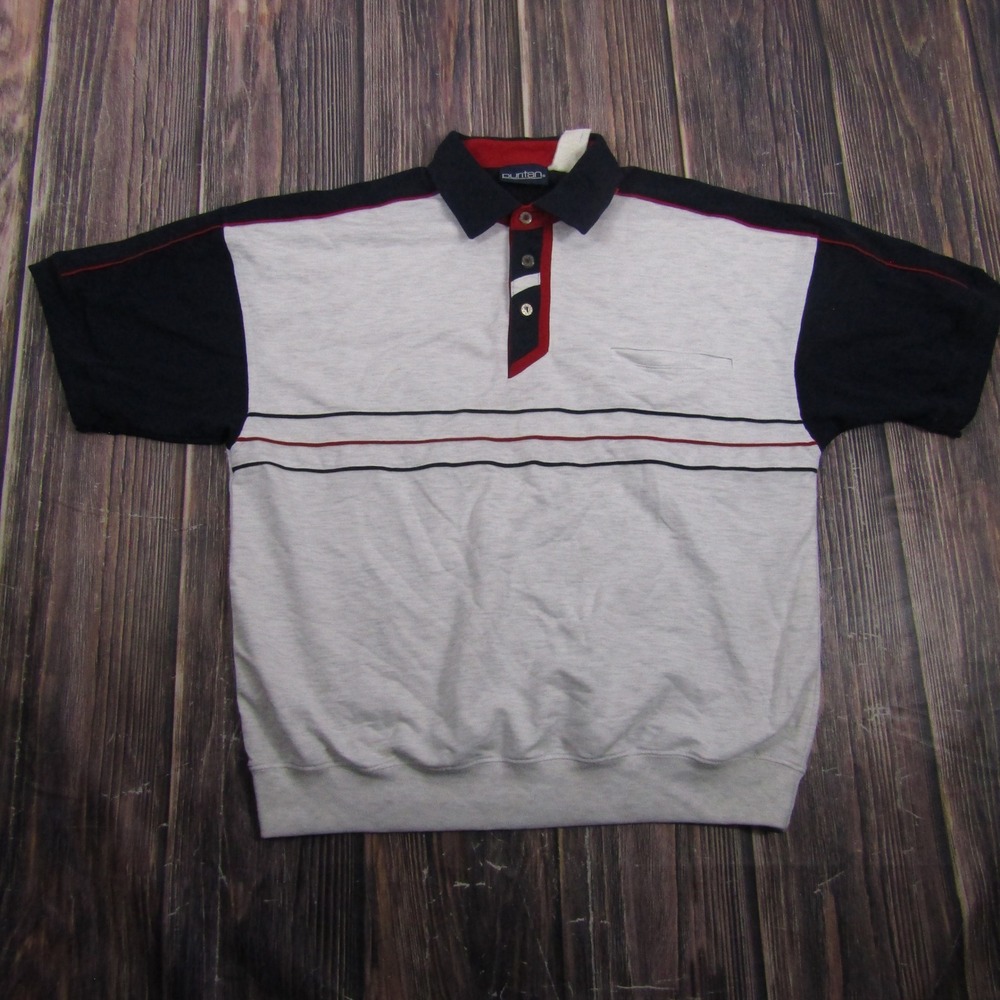 Puritan Polo Shirt Mens Large Gray Navy Colorblock Striped Banded Bottom Vintage